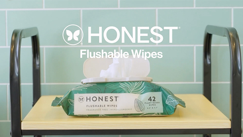thumbnail video image 2 of The Honest Company Flushable Wipes for Adults, Fragrance Free and Hypoallergenic Wet Wipes, Tropical Leaves, 42 Count, 2 of 14