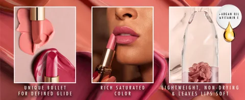 rich saturated color, unique bullet for defined glide, lightweight, non-drying &amp; leaves lips soft