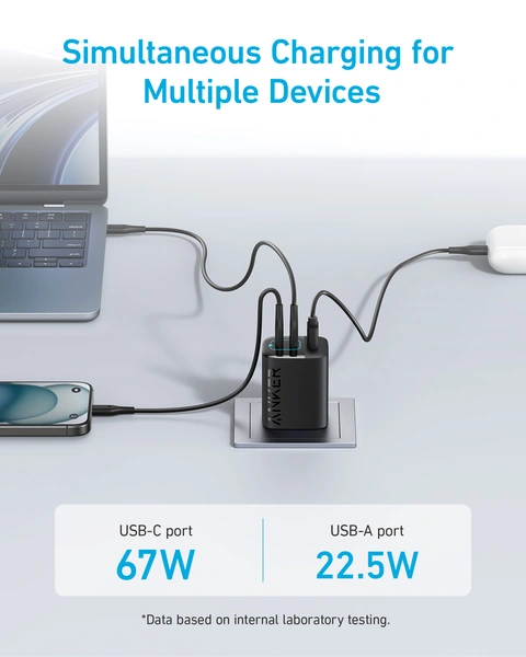 Creative Caricabatterie GaN 67W Con 3 Porte (2 USB-C + 1 USB-A) - PPS, PD 3.0, QC 4.0+ - Adattatore UE Incluso - Ricarica Veloce Per Smartphone E Laptop - 2