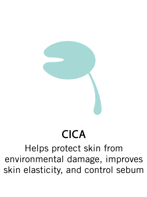CICA. Helps protect skin from environmental damage, improves skin elasticity, and control sebum.