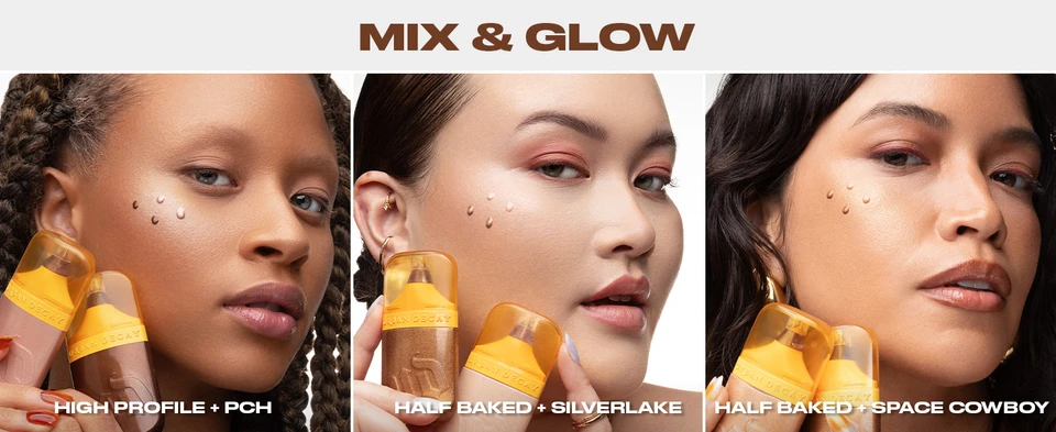 3 models showcasing two different Face Bond Luminizer Highlighting Drops shades.