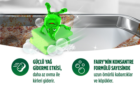 Güçlü yağ gidermeyi göstermek için metal tepsinin temiz bölümündeki Fairy bebeği.