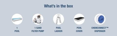 This power steel pool comes with pool, sand filter pump, ladder, pool cover and ChemConnect dispenser