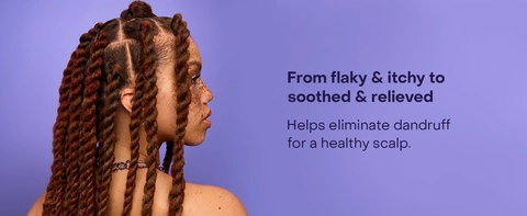 Image of a black woman with braids &amp; freckles next to text about a soothed &amp; relieved scalp.