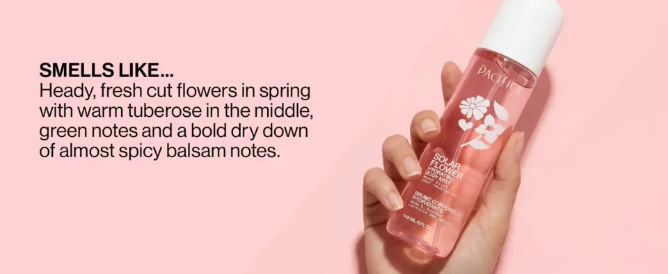 Close up of Solar Flower body mist sprayer highlighting lightweight hydration and fresh cut flower fragrance.