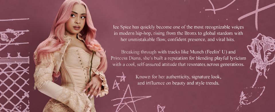 Ice Spice holding a perfume bottle with text overlay