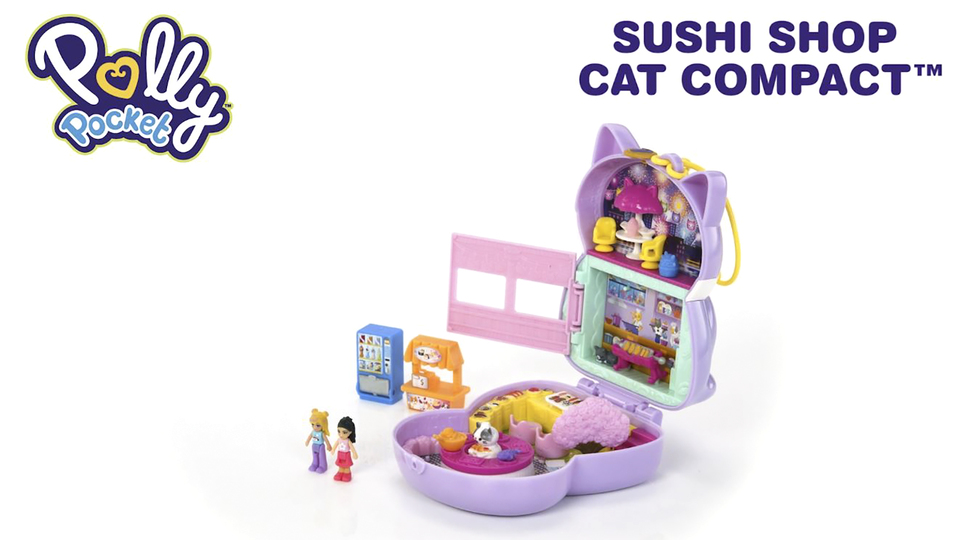thumbnail video image 2 of Polly Pocket Sushi Shop Cat Compact Playset with 2 Micro Dolls & Accessories, Travel Toys, 2 of 7