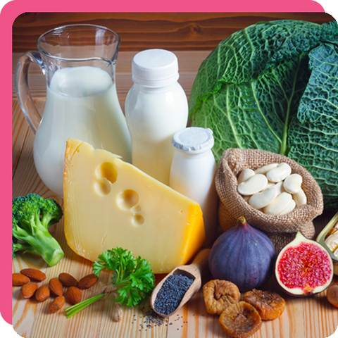 Image of various nuts, leafy vegetables, cheeses, and other dairy products