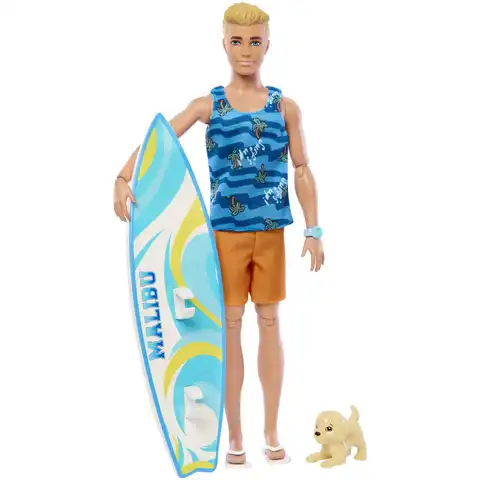 Ken Doll with Surfboard Poseable Blonde Barbie Ken Beach Doll Assembled product height 12 in