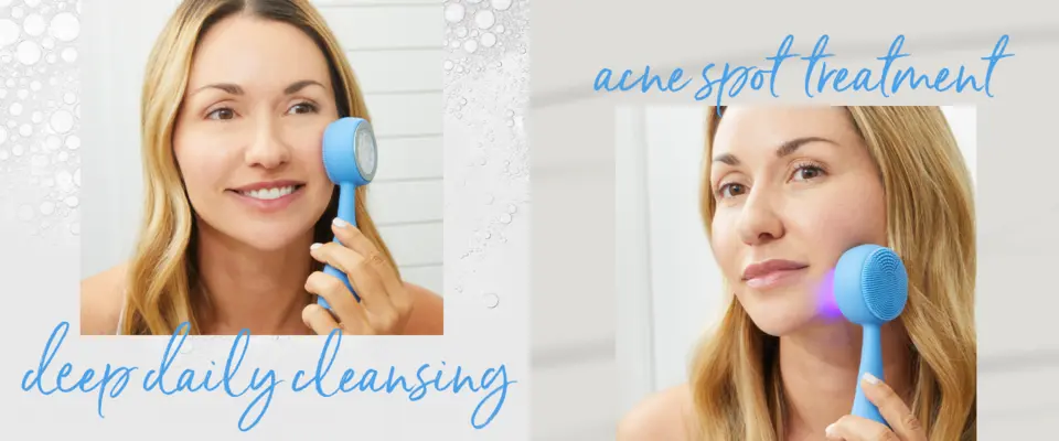 A woman using the cleansing and blue light therapy of the Clean Acne