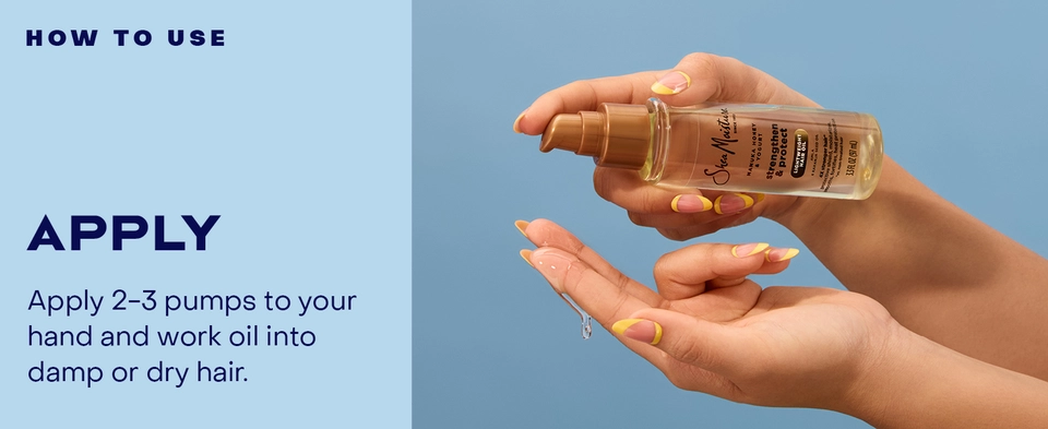 3 steps in images of hands with bottle, applying it &amp; a woman with healthy hair: apply, rake, style.