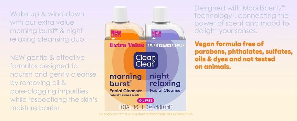 Clean & Clear Night & Day duo on light purple to orange gradiant background, new & effective formula