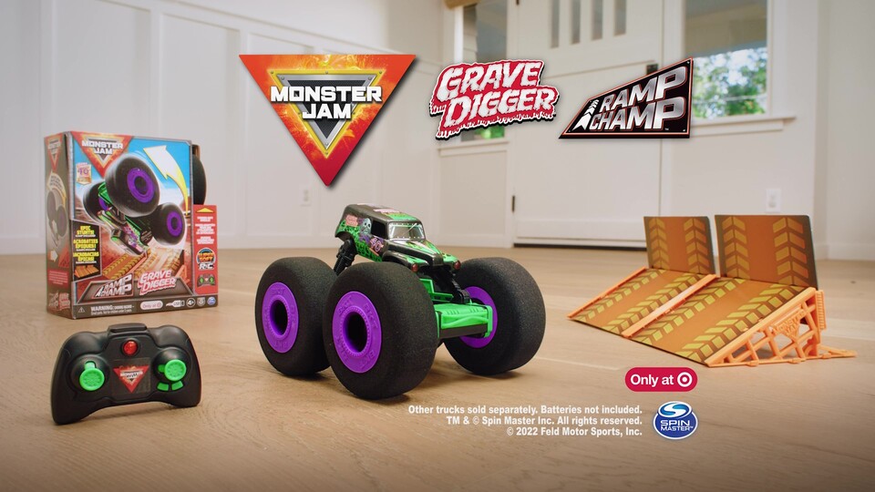 thumbnail video image 2 of Monster Jam Official Ramp Champ Grave Digger Indoor Super Soft Remote Control Monster Truck, 2 of 11