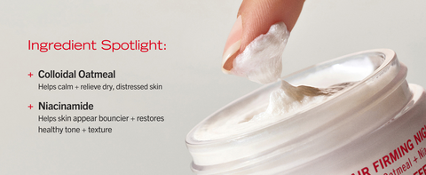 Ingredient spotlight on colloidal oatmeal and niacinamide while a finger dips into textured cream