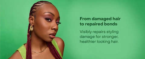 Four images, formula ingredients, bottle solo & then with ingredients, woman with braided hair.