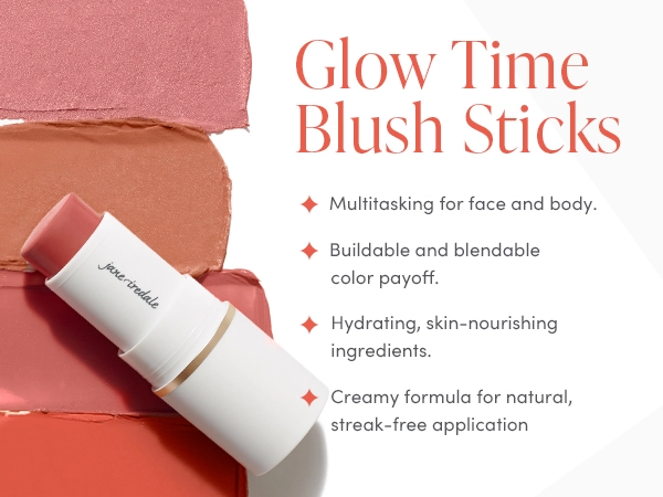 Glow Time Blush Sticks are multitasking for face and body, have buildable and blendable color payoff, have hydrating, skin-nourishing ingredients, and are a creamy formula for natural, streak-free application.