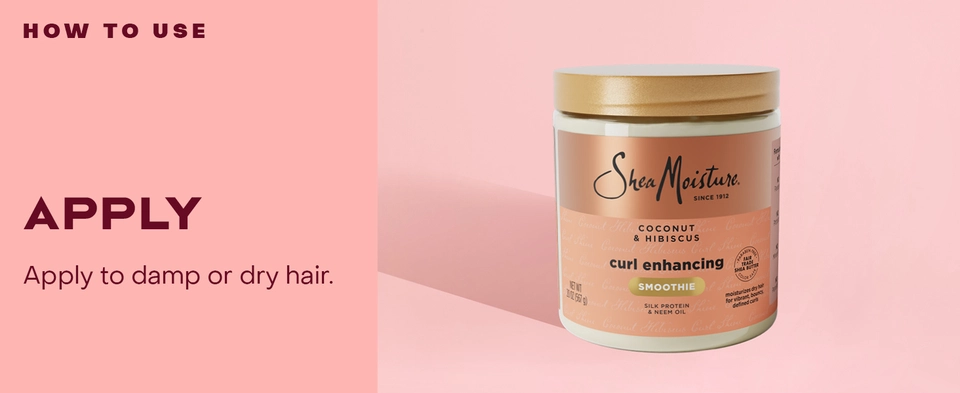 Image of the SheaMoisture Curl Enhancing Smoothie pot, next to applying instructions.