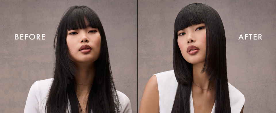 Before and after images of the same woman going from damaged to healthy-looking hair.
