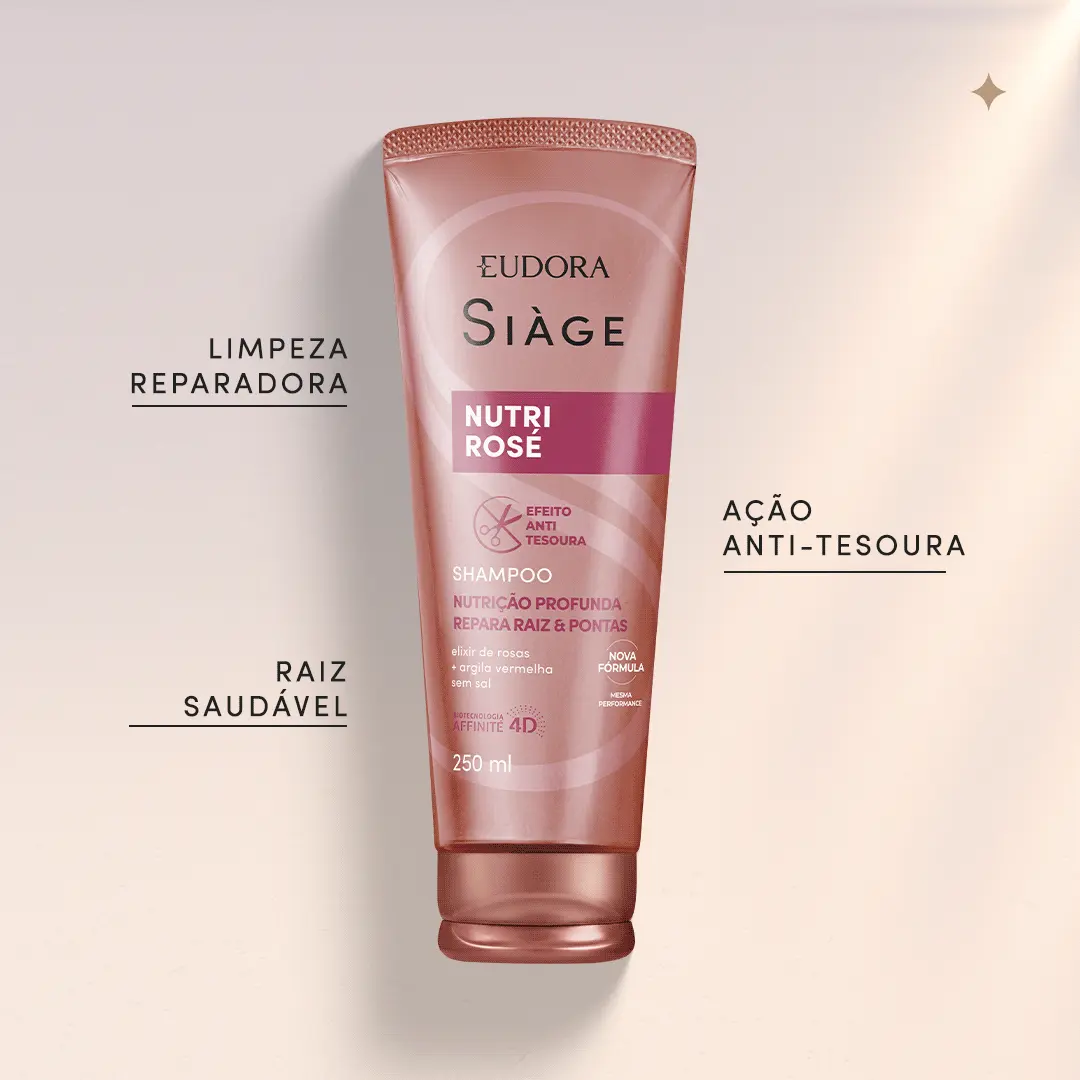Imagem do Shampoo Nutri Rosé centralizada. Ao redor, os benefícios: Limpeza reparadora; Raiz saudável; Ação anti-tesoura.