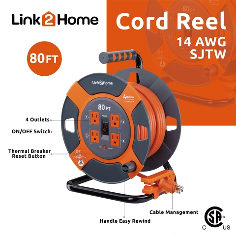 Link2Home Outdoor Heavy Duty Electric Cord Reel with 80 ft