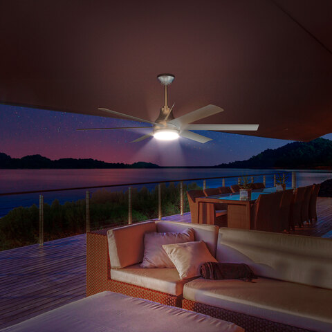 Bright white light emitted from the smart ceiling fan in an outdoor night setting