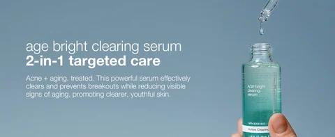 Dermalogica Age Bright Clearing Serum bottle with dropper, acne and anti-aging treatment