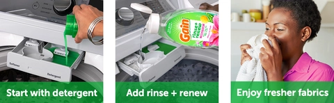 Start with detergent,Add Rinse+renew, Enjoy fresher fabrics