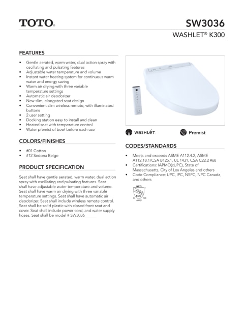 TOTO® K300 WASHLET® Elongated Bidet Toilet Seat with Instantaneous