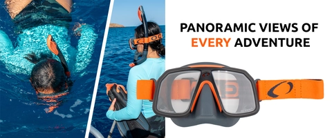 "Panoramic Views of Every Adventure", image of snorkeling mask and two people wearing the mask