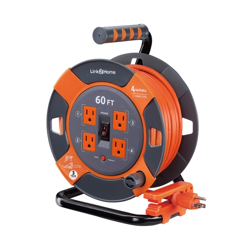 Link2Home Outdoor Heavy Duty 60ft Extension Cord Reel with 4 Power