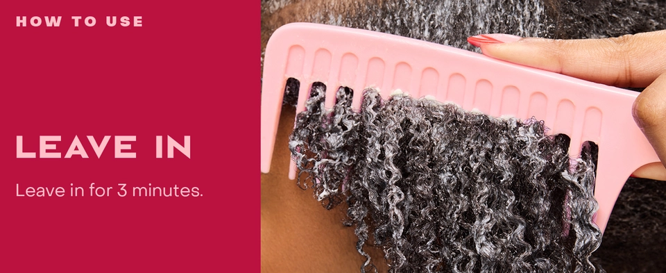 Image of a woman's hand combing wet curly hair, next to leave on hair instructions.