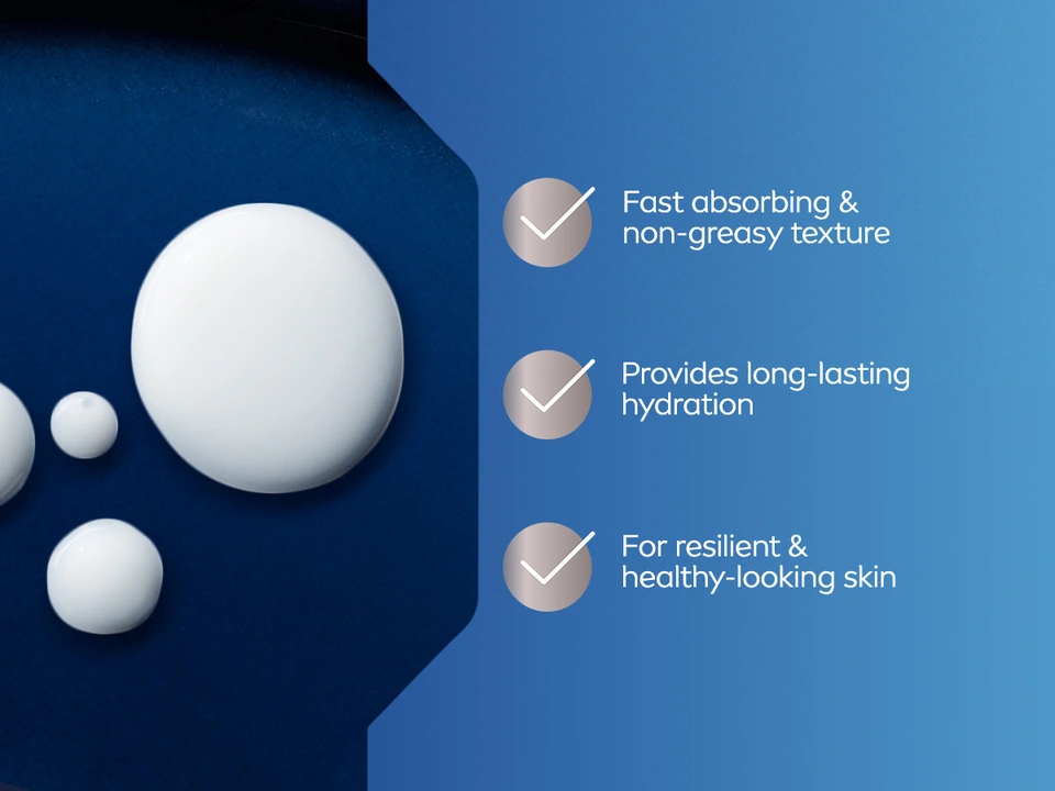 Three checkmarks highlight NIVEA benefits: fast absorbing non-greasy texture, long-lasting hydration, resilient healthy-looking skin against blue gradient background with white spheres