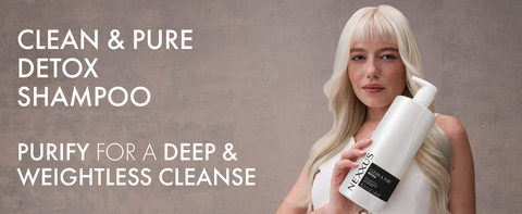 Woman with wavy hair holding product's pump bottle next to text highlighting product benefits.