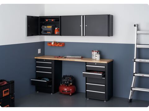 garage cabinet set with 3 wall cabinets, 2 base cabinet with drawers, and a 72-inch long wood work surface