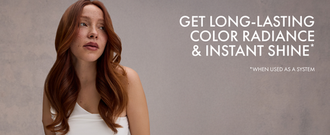 Young woman with vibrant wavy red hair and bold expression beside benefit text.