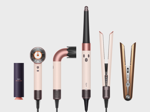 Range of Dyson styling tools and machines alongside the Dyson Chitosan formula.