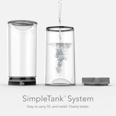 Image of water being poured into humidifier tank with text that reads "SimpleTank System"