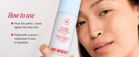 Model holding Hydrating Oat Milk essence bottle next to her face with instructions for how to use.