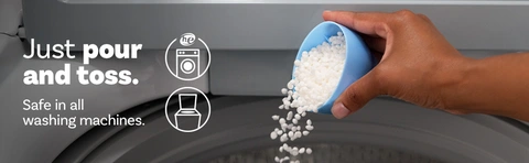 Just pour and toss. Safe in all washing machines.