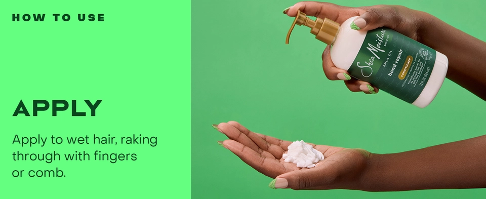 Three images across, product bottle in hand, hair covered in conditioner, & hair wet while rinsing.
