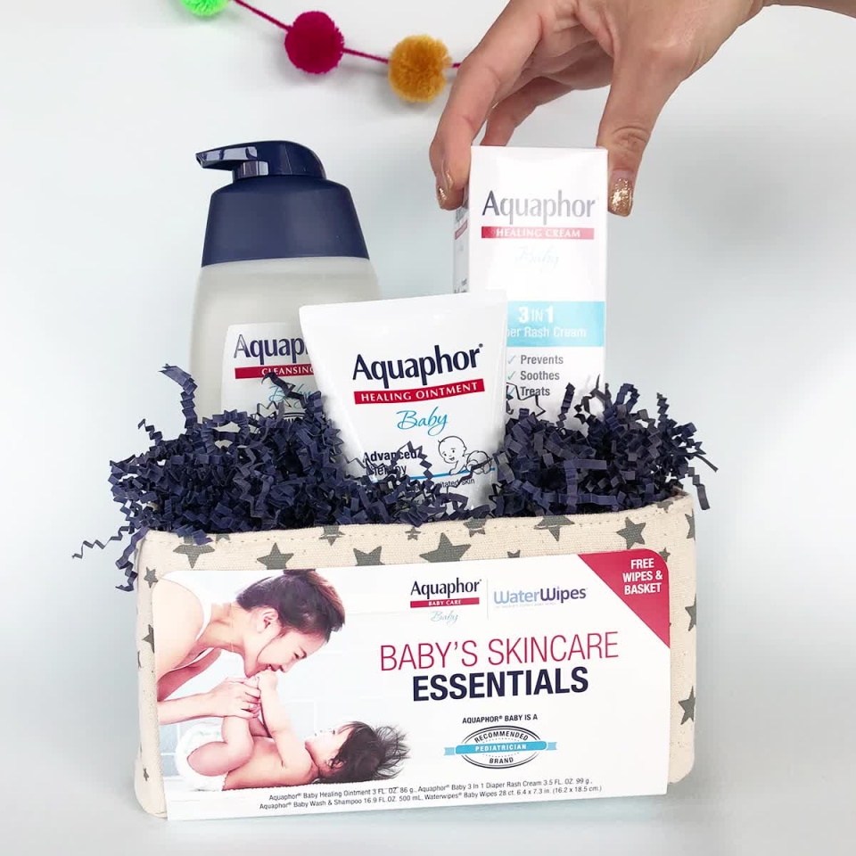 thumbnail video image 2 of Aquaphor Baby Skincare Essentials Gift Set, Ointment, Diaper Rash Cream, Shampoo and Wipes, 4 Piece, 2 of 12