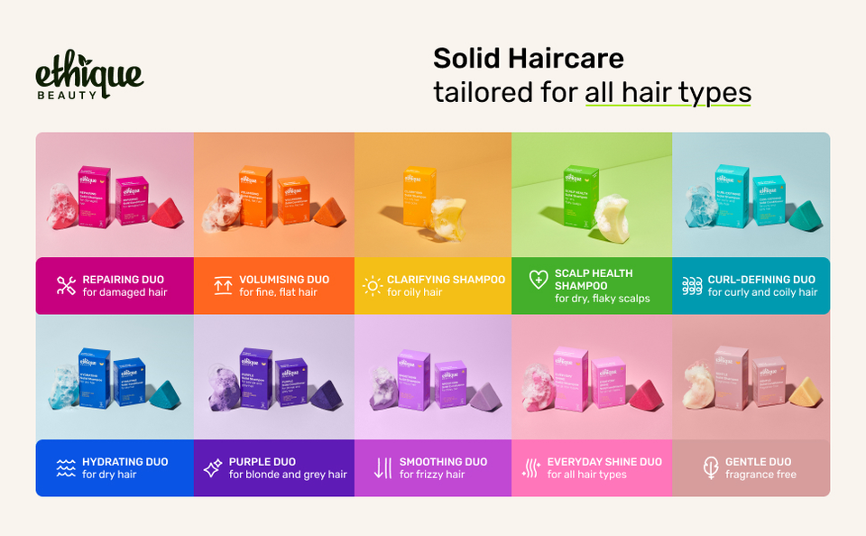 Image of all Ethique Beauty&#39;s shampoo and conditioner duos for every hair type.