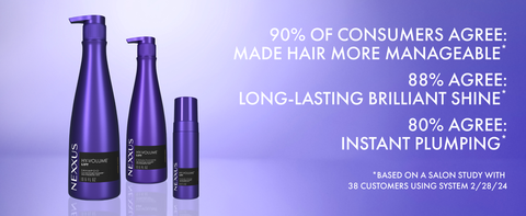 Bottles from the product's collection next to text highlighting system benefits.