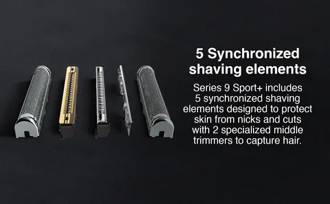 Series 9 Sport includes 5 synchronized shaving elements designed to protect from nicks and cuts with 2 specialized middle trimmers to capture hair