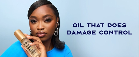 Woman with healthy-looking hair holding the SheaMoisture Strengthen &amp; Protect Lightweight Hair Oil.