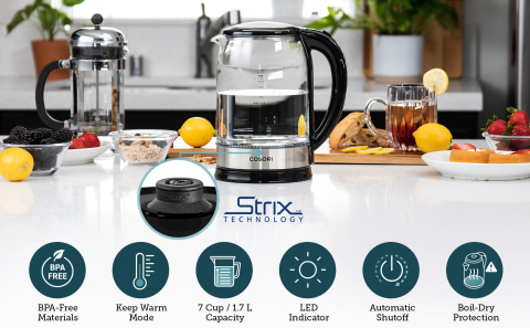 COSORI CO117-DK: 1.7L Electric Glass Kettle with 100% Stainless