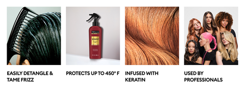 Product combed through hair, spray bottle, color close-up, &amp; diverse models with vibrant locks.