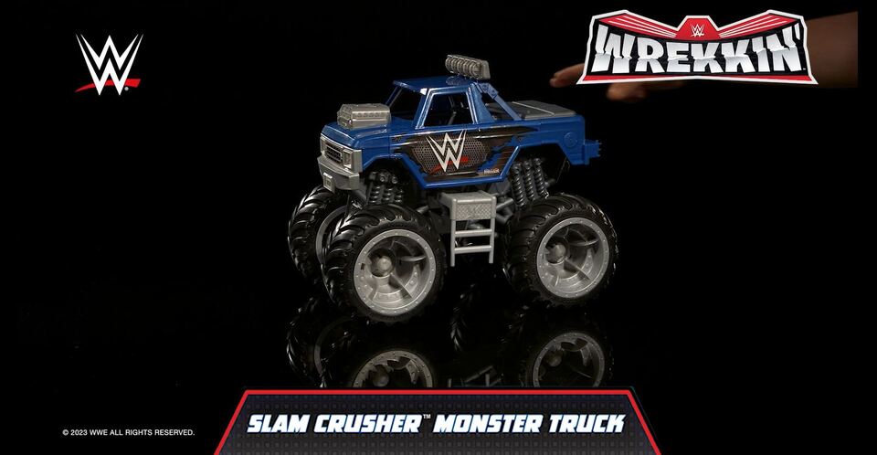 thumbnail video image 2 of Mattel WWE Vehicle Wrekkin Slam Crusher Monster Truck, 2 of 8