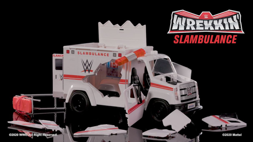 thumbnail video image 2 of WWE Action Figure Vehicle Wrekkin Slambulance Ambulance, 2 of 7