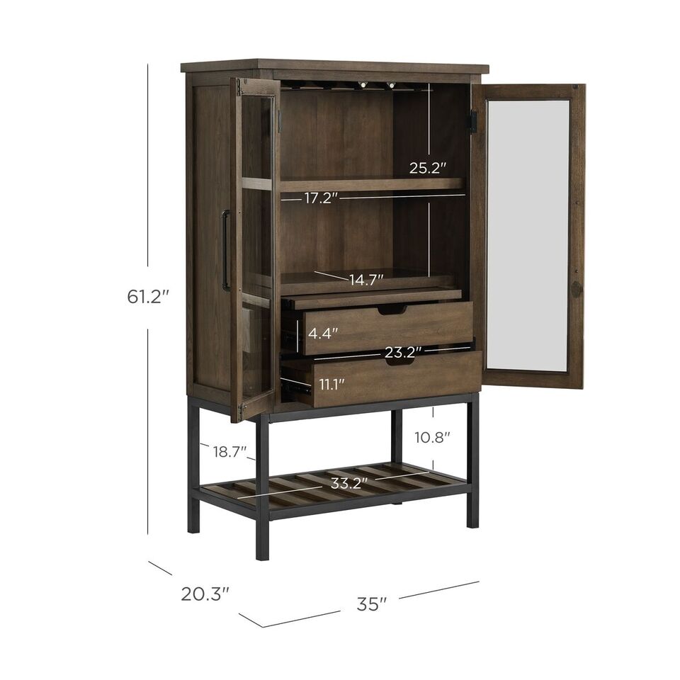 Image: Three-quarter view of the item on a white field with the doors and internal drawers open and dimensions